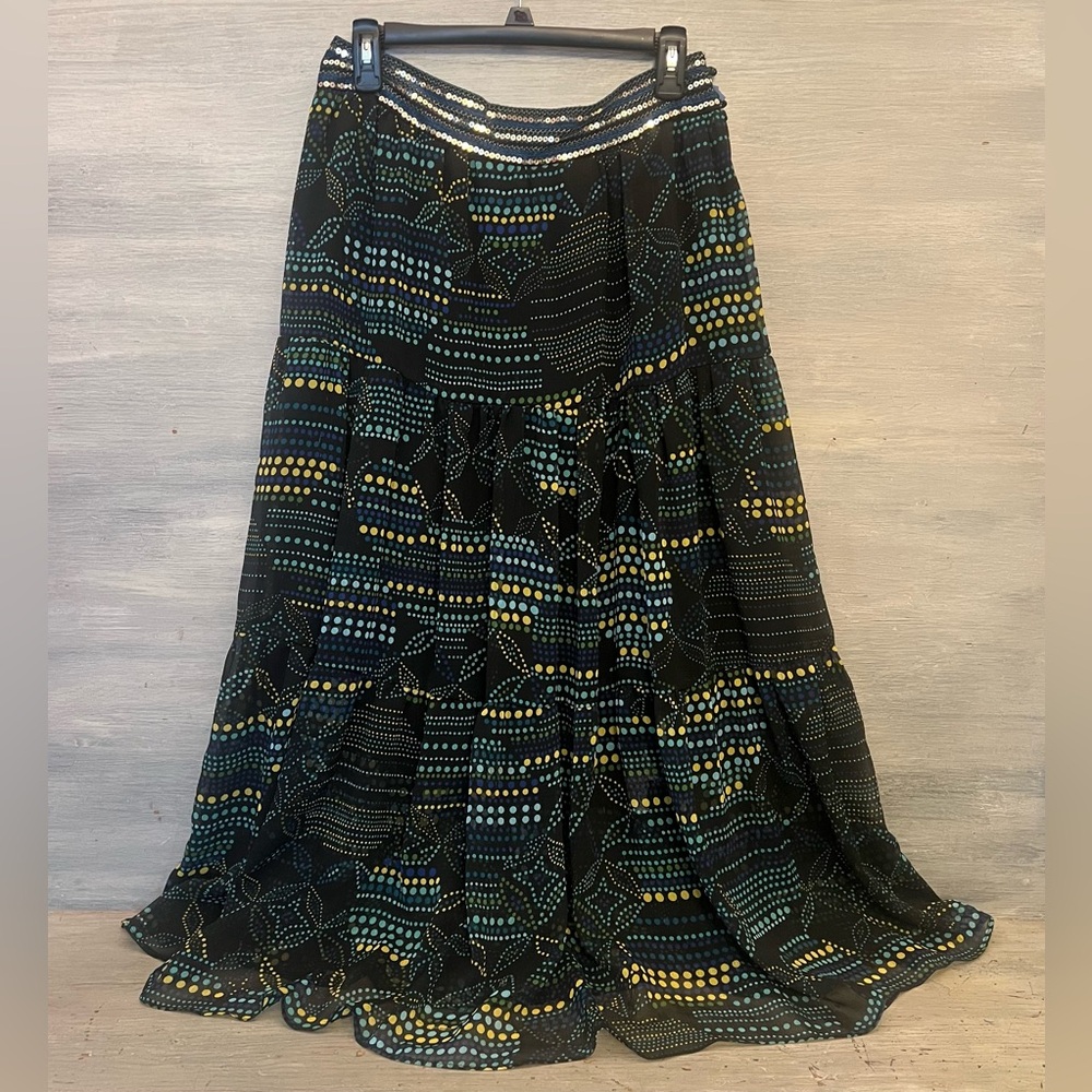 New Directions Sheer Blue Yellow Green Polka Dot Boho Peasant Skirt PS GC‎